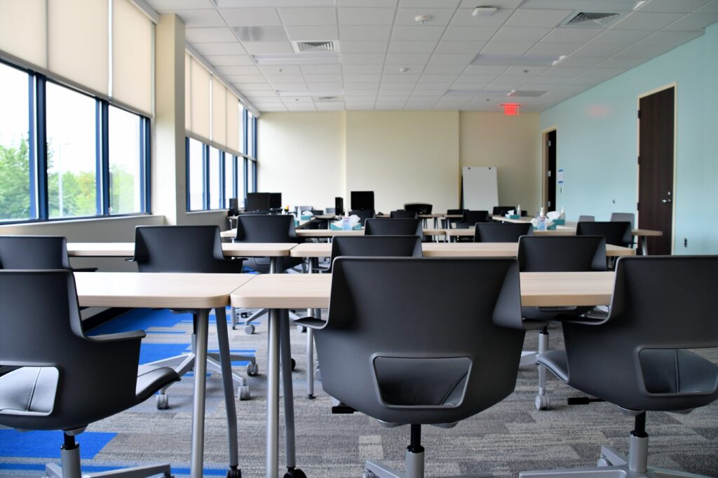 Bright, clean, modern training room at work in an office building for new employee orientation